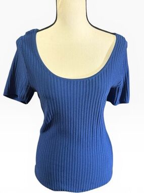 WHBM Ribbed Scoop Neck Blue Top